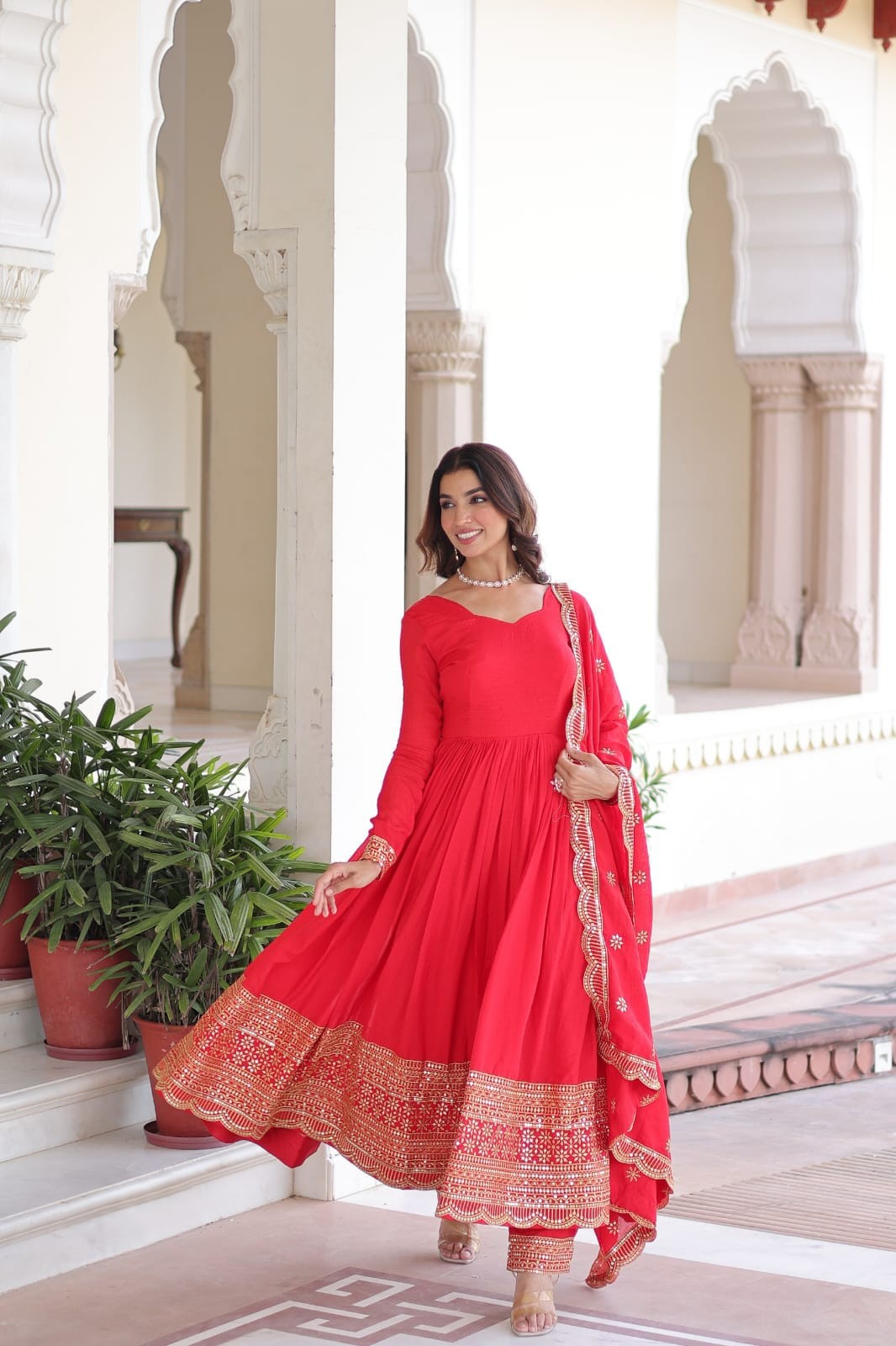 Coral Red Vichitra Silk Embroidered Gown With Pant & Dupatta Set